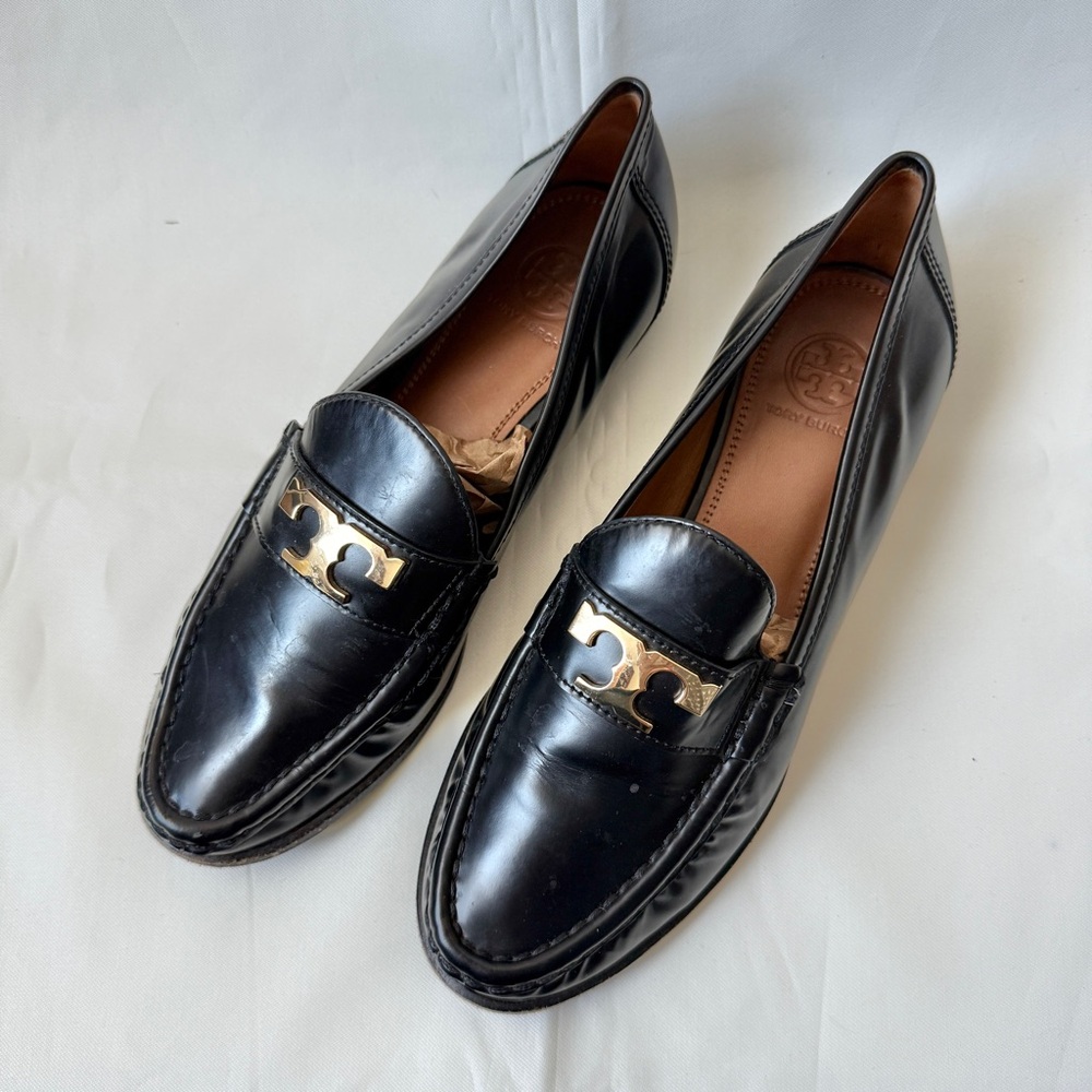 Tory Burch Black Leather Townsend Loafers Gold Hardware